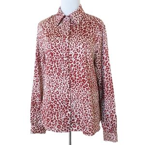 Nasty Gal Red & White Leopard Animal Print Satin Button Down Blouse Womens